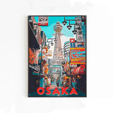 Osaka Streets Retro Travel Poster - Japan Vintage Wall Art & Tsutenkaku Tower Print