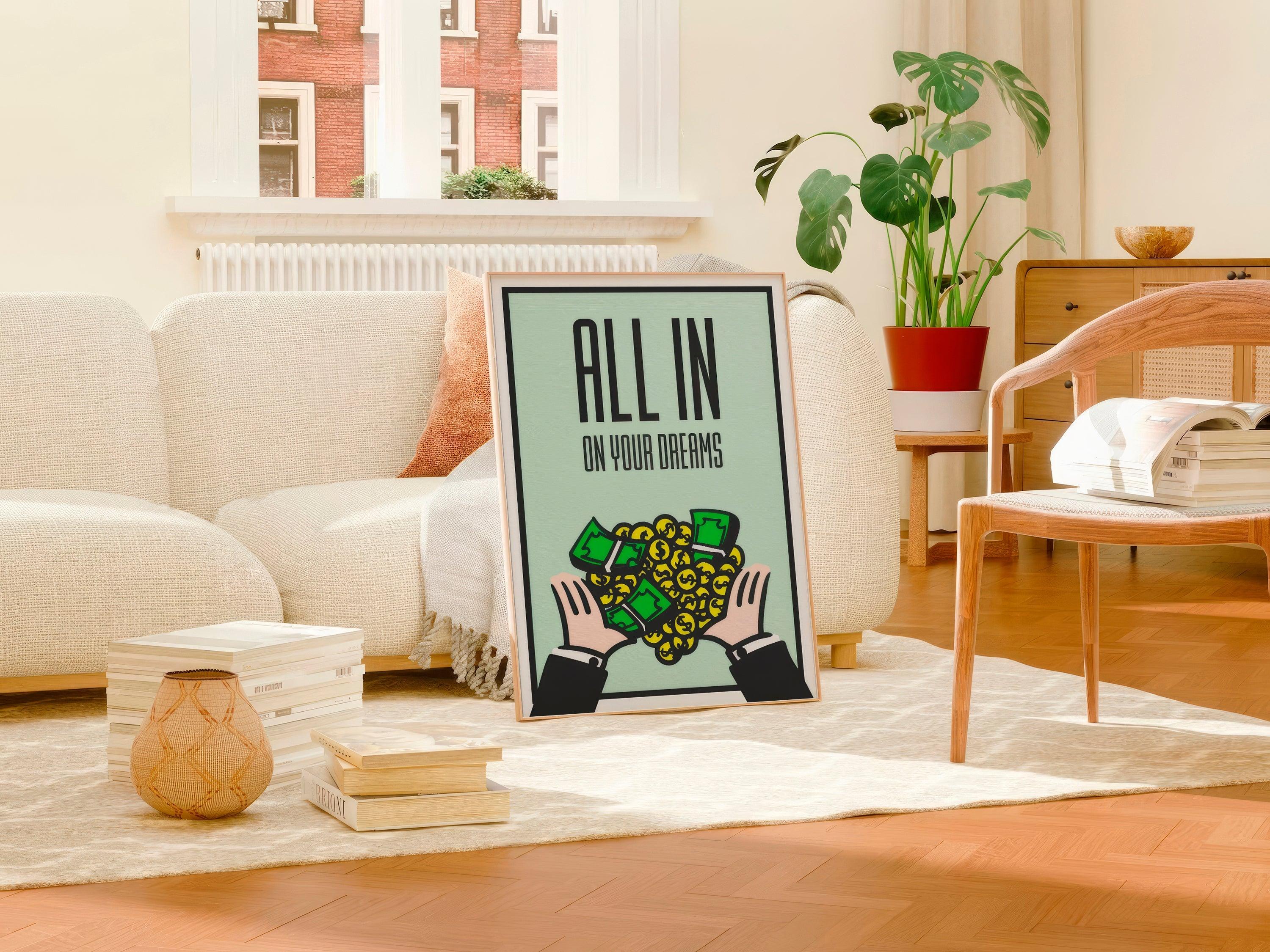 Mint green All In On Your Dreams poster in light wood frame leaning against a boucle sofa