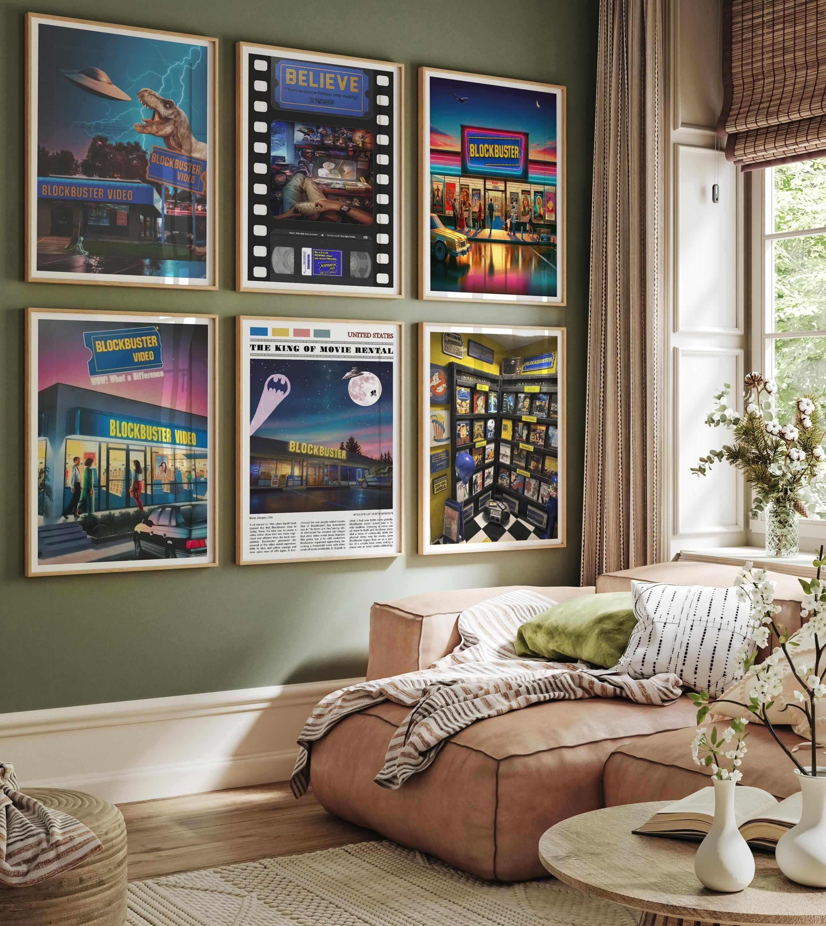 Set of six Blockbuster prints in oak frames on an olive green wall
