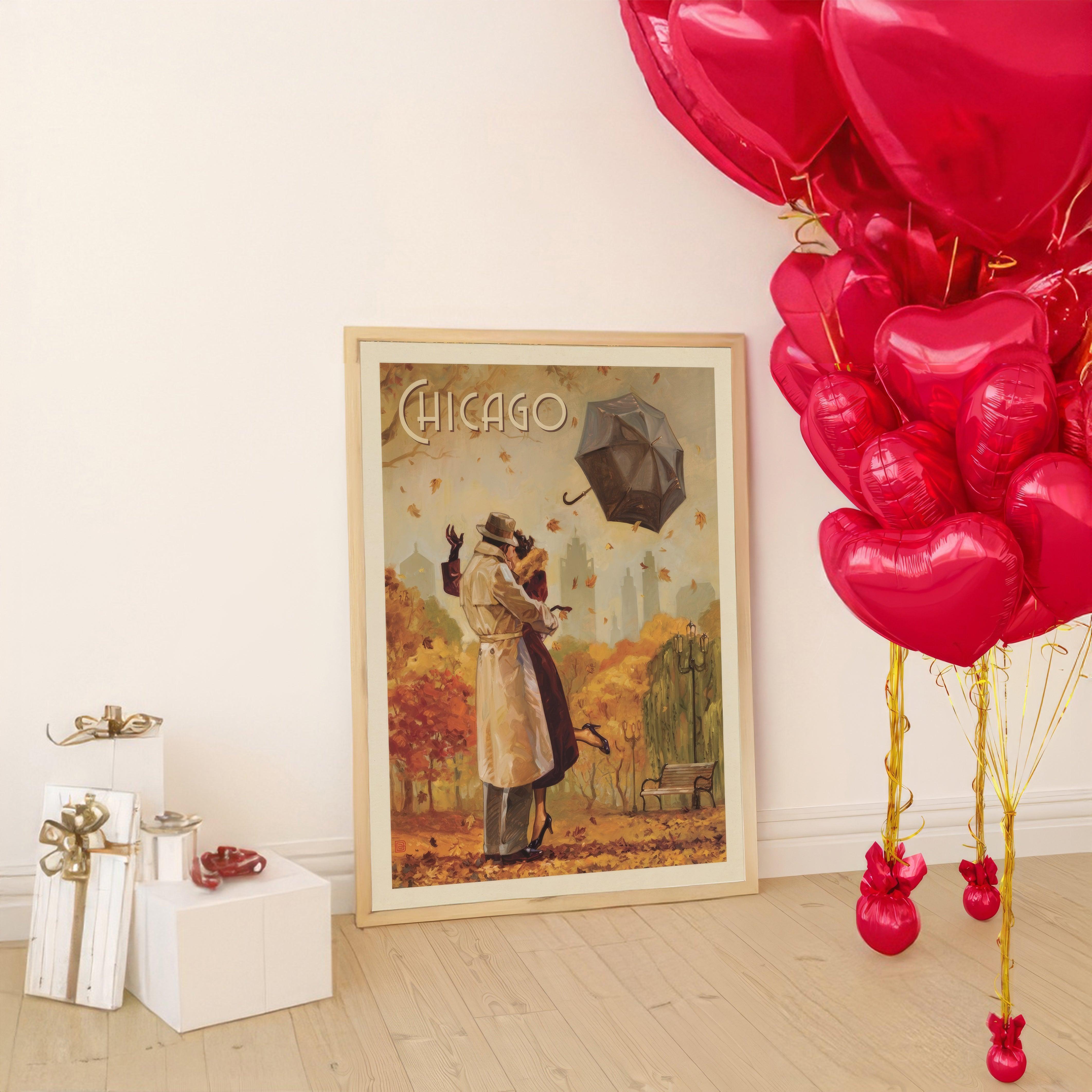 Framed vintage Chicago poster of a kissing couple, leaning on a wall beside red heart balloons