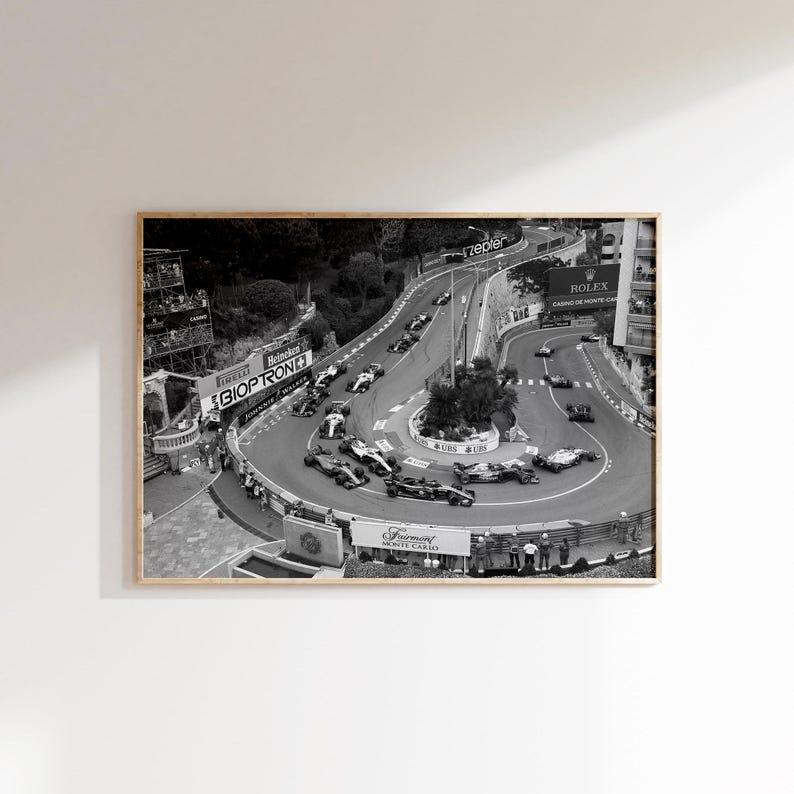 Wide natural wood frame holding monochrome Monaco Grand Prix grid at Fairmont hairpin