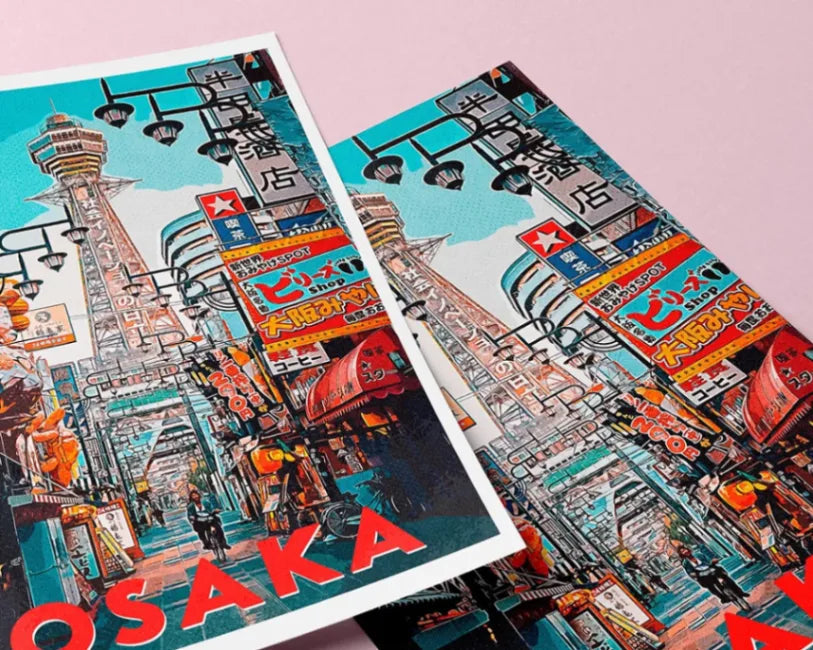 Retro style Osaka travel poster with Tsutenkaku Tower and colorful street signs in Shinsekai, Japan.