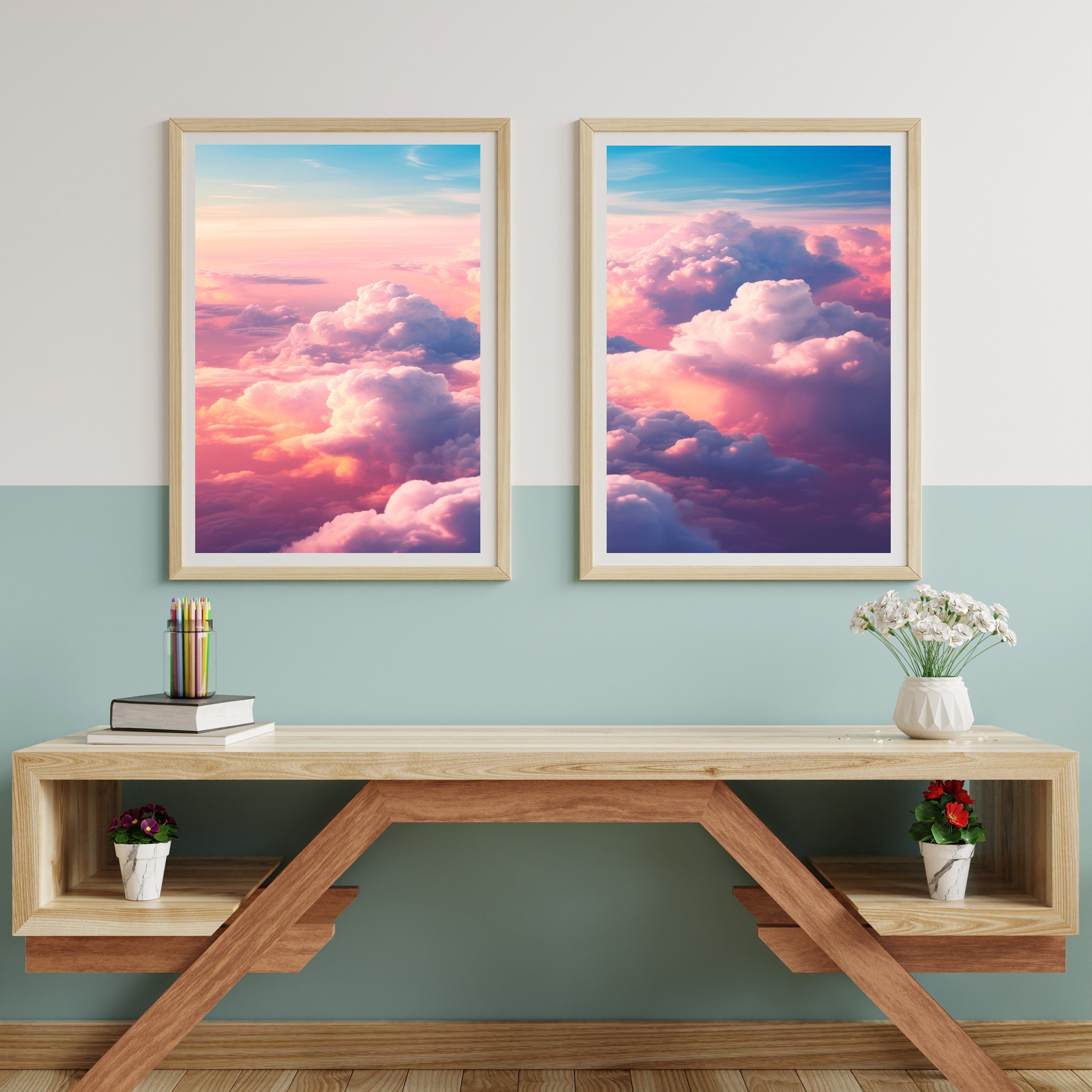 Colorful Clouds Prints, Blush Pink Clouds, 2 Piece Printable Wall Art, Sunset Over The Clouds, Set of 2, Aesthetic Poster Download - DreamBrothers