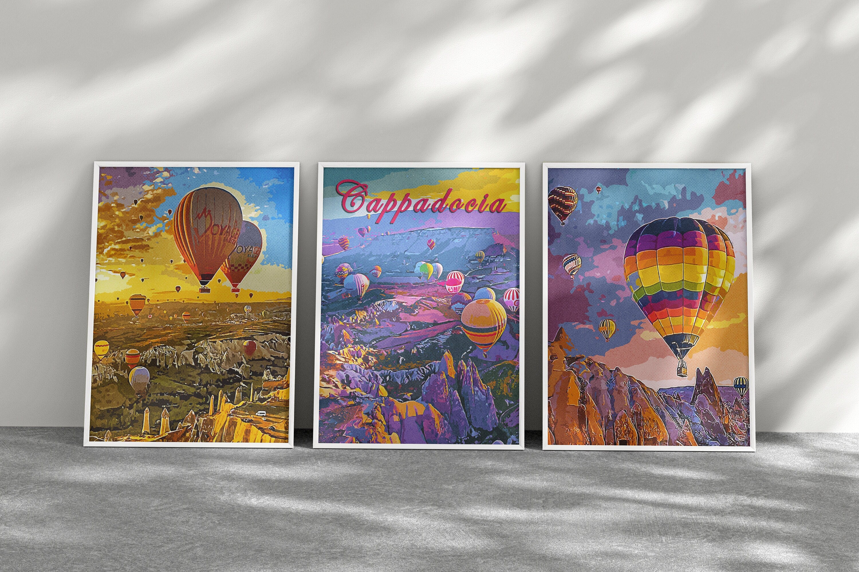 Hot Air Balloon Travel Decor Set of 3 Poster, Europe Retro Travel Set, Sky Sunset Landscape Prints, Turkey City Colorful Wall Art - DreamBrothers