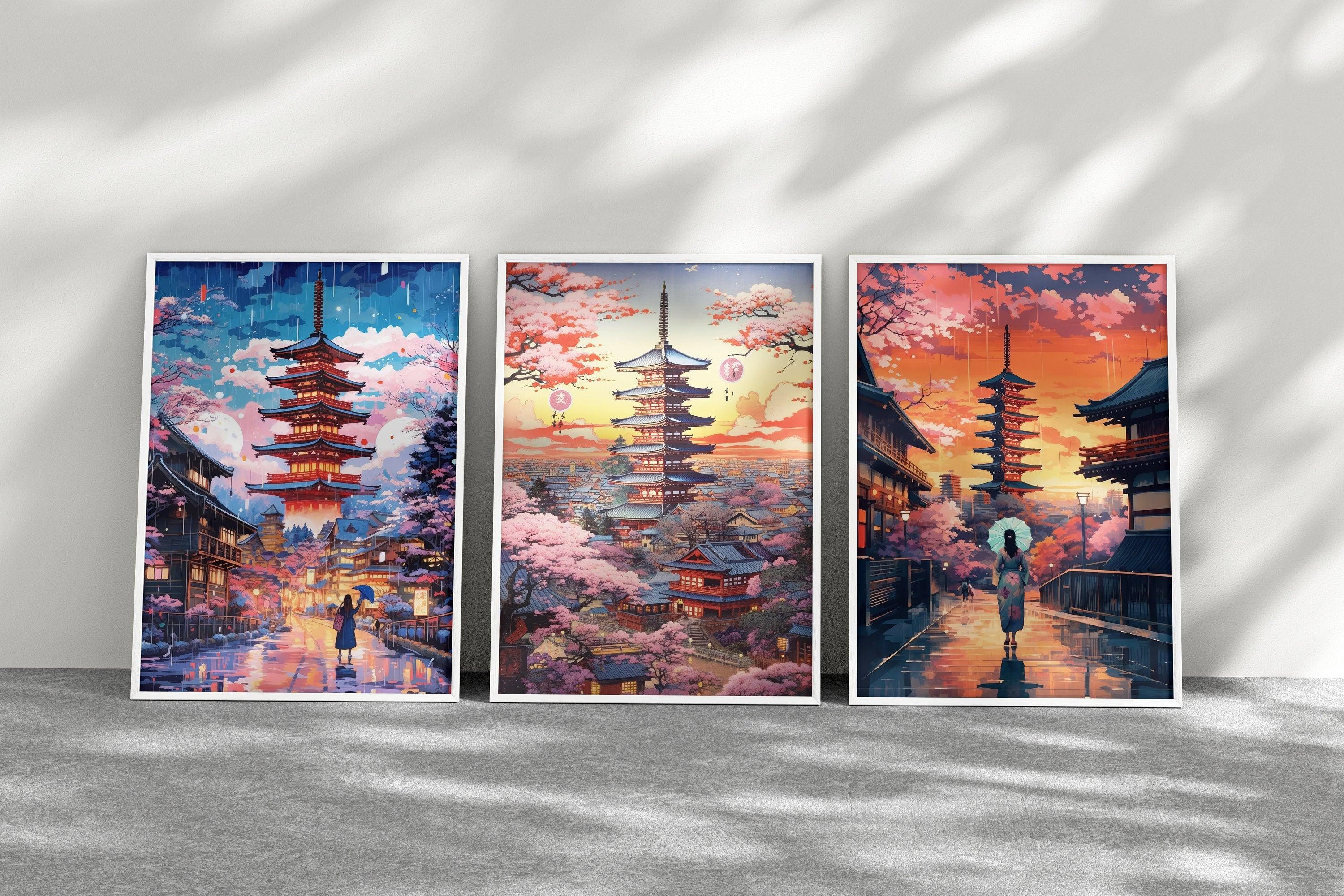Kyoto Posters, Pink Cherry Blossom Print, 3 Piece Printable Wall Art, Set Of 3 Travel Poster, Japanese Colorful Set, Aesthetic Retro Poster