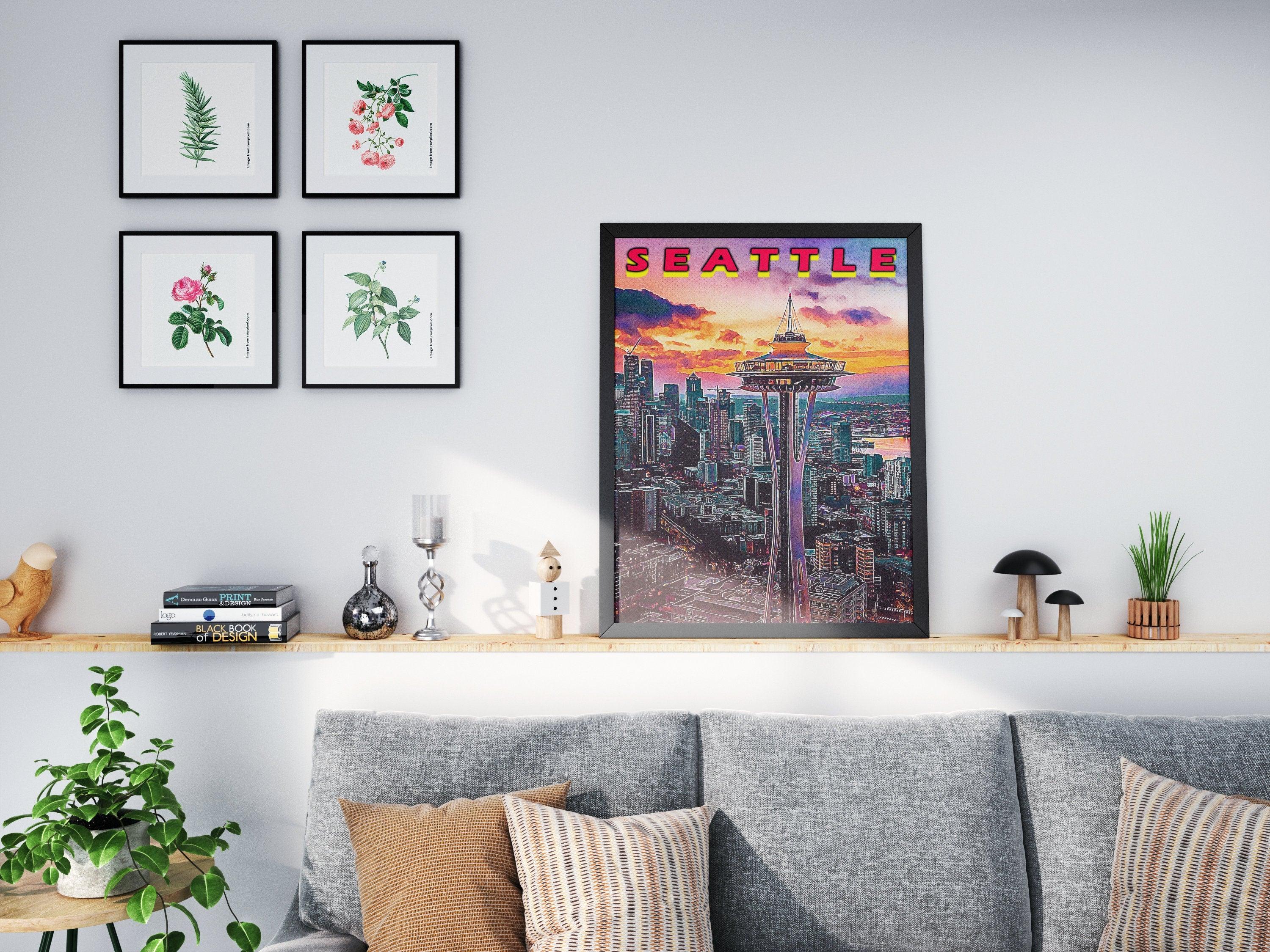 Seattle Poster, Vaporwave Sunset Clouds, Retro Vibrant Poster, Washington Colorful, Printable Wall Art For World Traveller