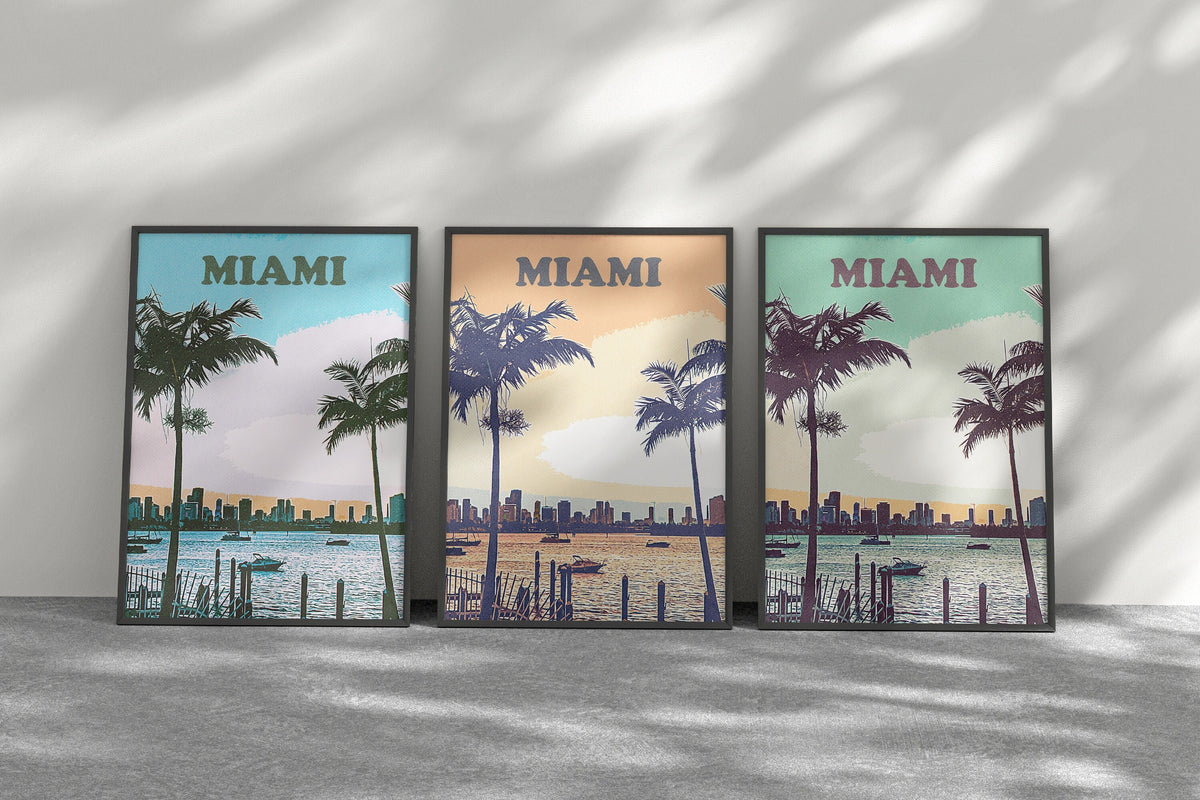 Miami Vintage Poster, Set Of 3 Skyline, Florida Colorful Print, Decorative For Traveller, Aesthetic Retro Poster, Trendy Print Set Download - DreamBrothers