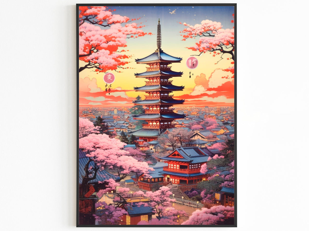 Kyoto Vintage Travel Print, Pink Japanese Blossom, Orange Clouds, Sakura Decor, Japanese Colorful, Aesthetic Pink Poster - DreamBrothers