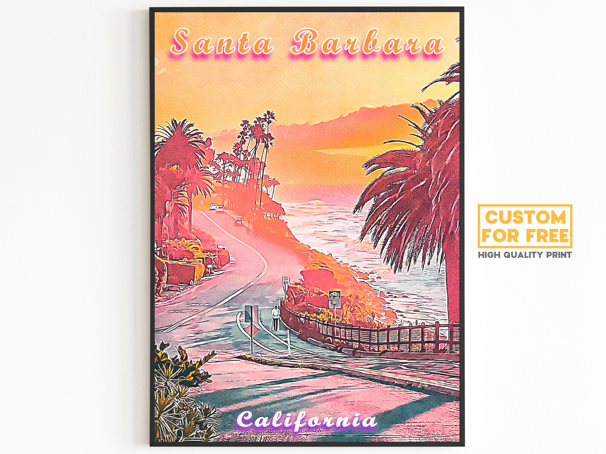 Santa Barbara Vaporwave Poster, California Colorful Gift, Pink Orange Sunset, Vibrant Printable Wall Art, Aesthetic Retro Summer Poster - DreamBrothers