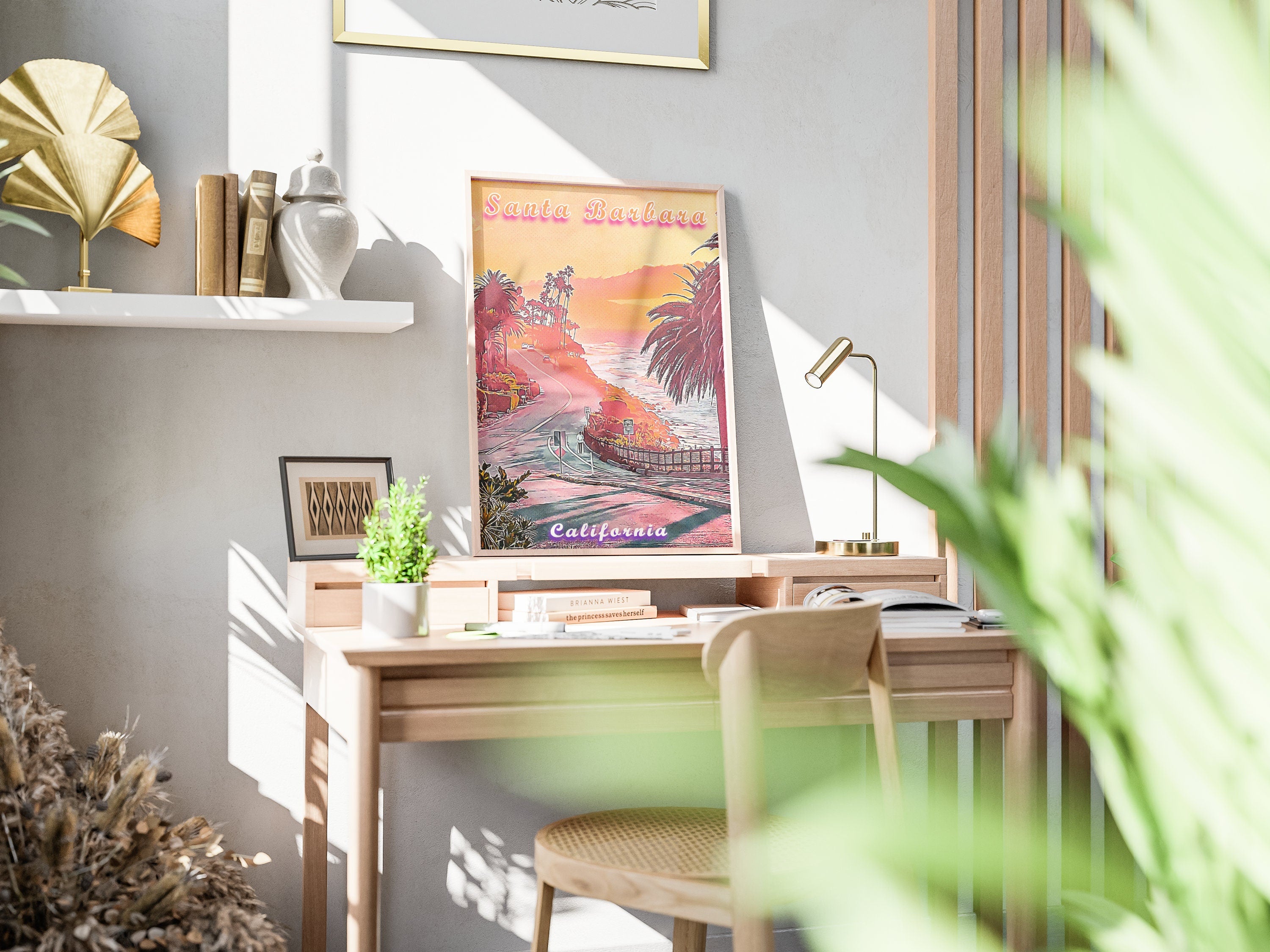 Santa Barbara Vaporwave Poster, California Colorful Gift, Pink Orange Sunset, Vibrant Printable Wall Art, Aesthetic Retro Summer Poster - DreamBrothers