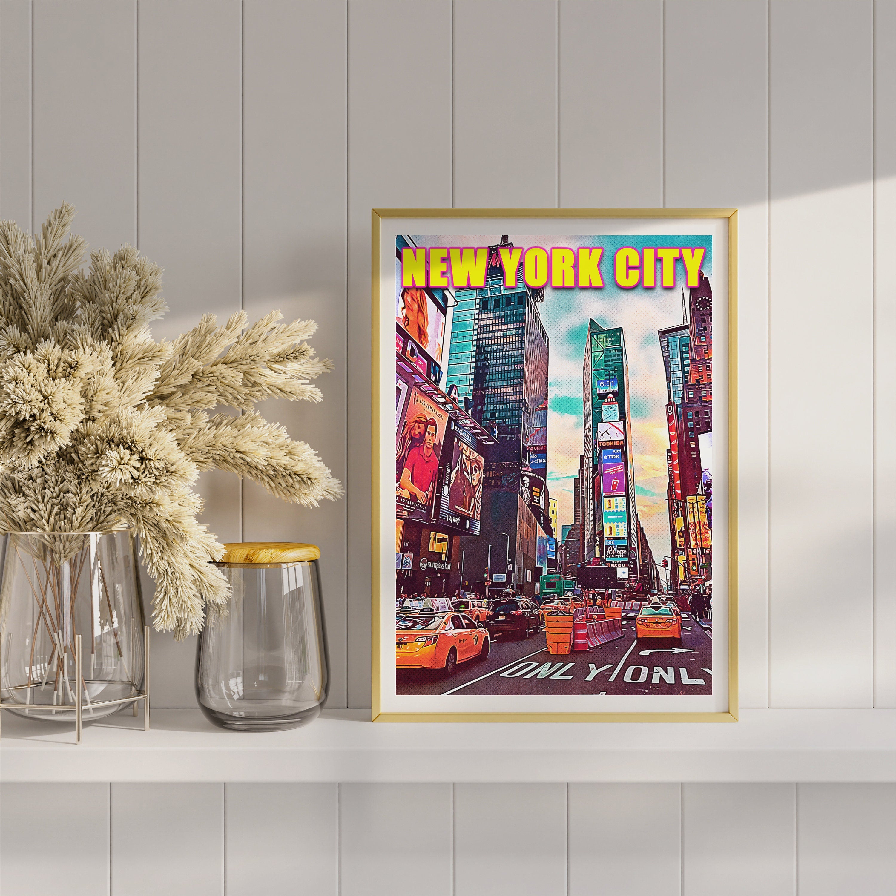 Times Square Print, Manhattan Colorful Wall Art, New York Retro Poster, NYC Movie, Vibrant USA Print, Aesthetic NY, Pop Travel Poster
