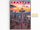 Seattle Poster, Vaporwave Sunset Clouds, Retro Vibrant Poster, Washington Colorful, Printable Wall Art For World Traveller