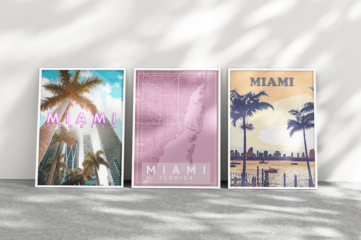 Miami Retro Poster, Set Of 3 Travel Poster, Florida Colorful Art, Decorative For Traveller, Trendy Print Set Download - DreamBrothers