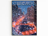 Chicago Winter, Illinois Travel Print, Chicago Skyline, Snowing City, USA Travel Poster Gift, Aesthetic Christmas Holiday