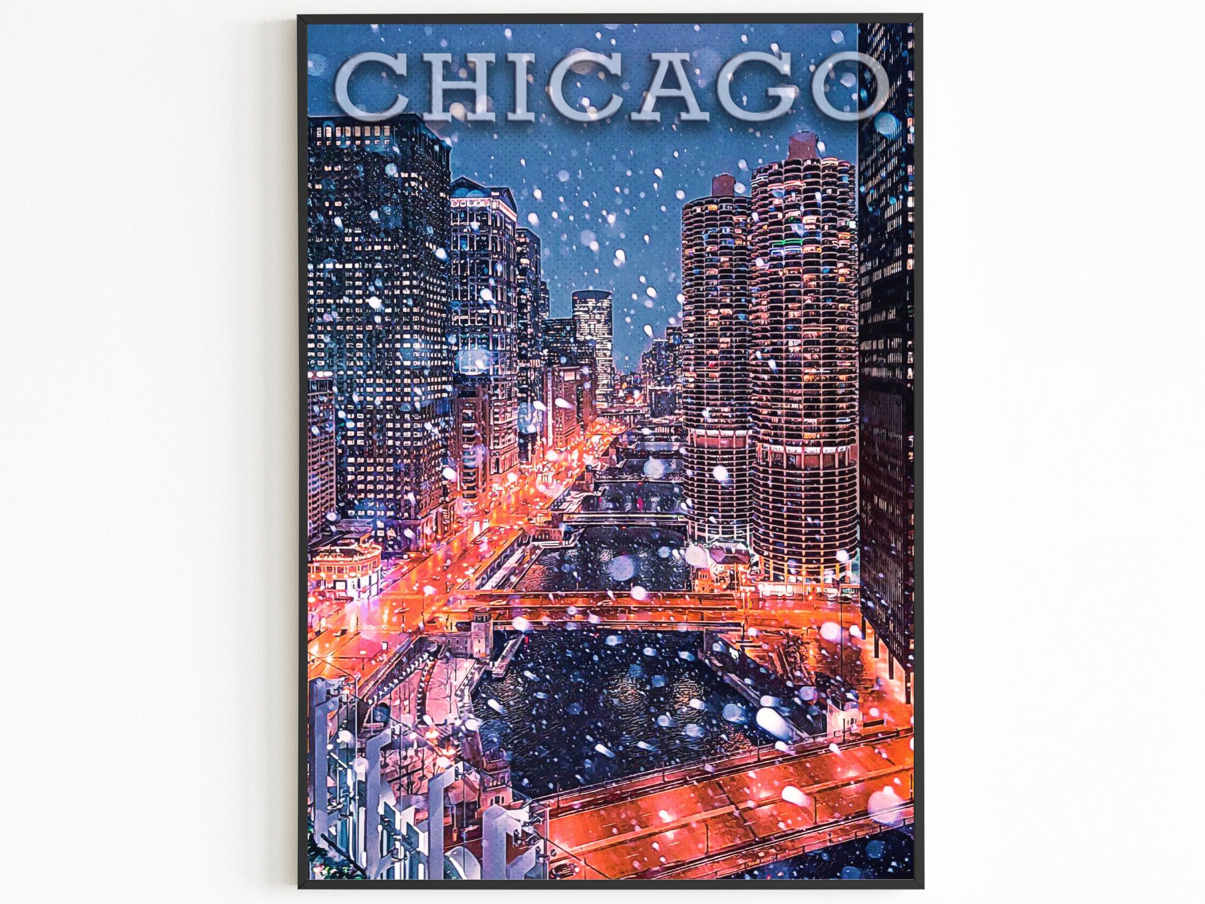 Chicago Winter, Illinois Travel Print, Chicago Skyline, Snowing City, USA Travel Poster Gift, Aesthetic Christmas Holiday - DreamBrothers