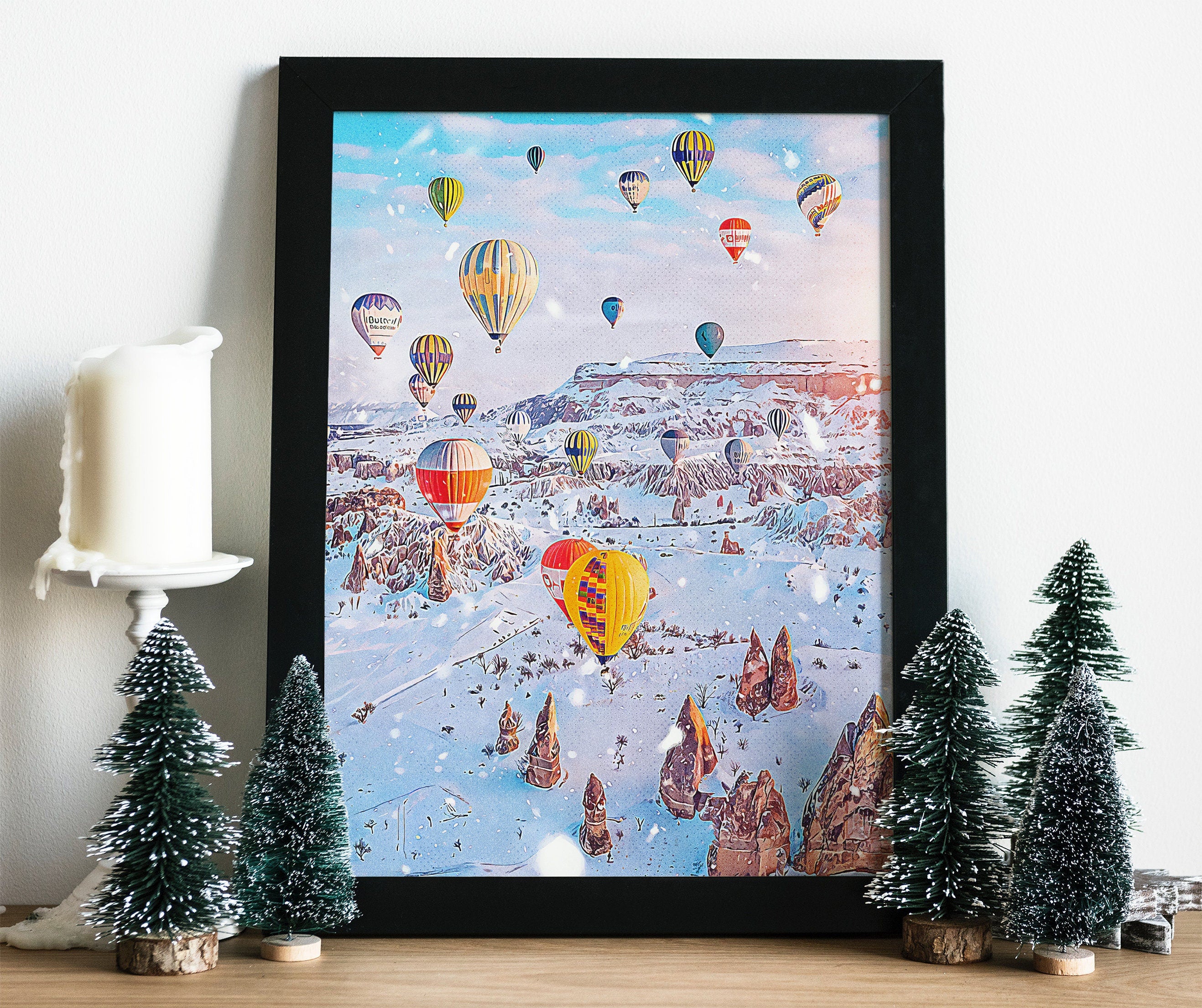 Balloon Travel Art, Winter Season, Turkey Colorful, Aesthetic Retro Poster, Fairy Mountain, Poster For Traveler, Romantic Couple Gift - DreamBrothers