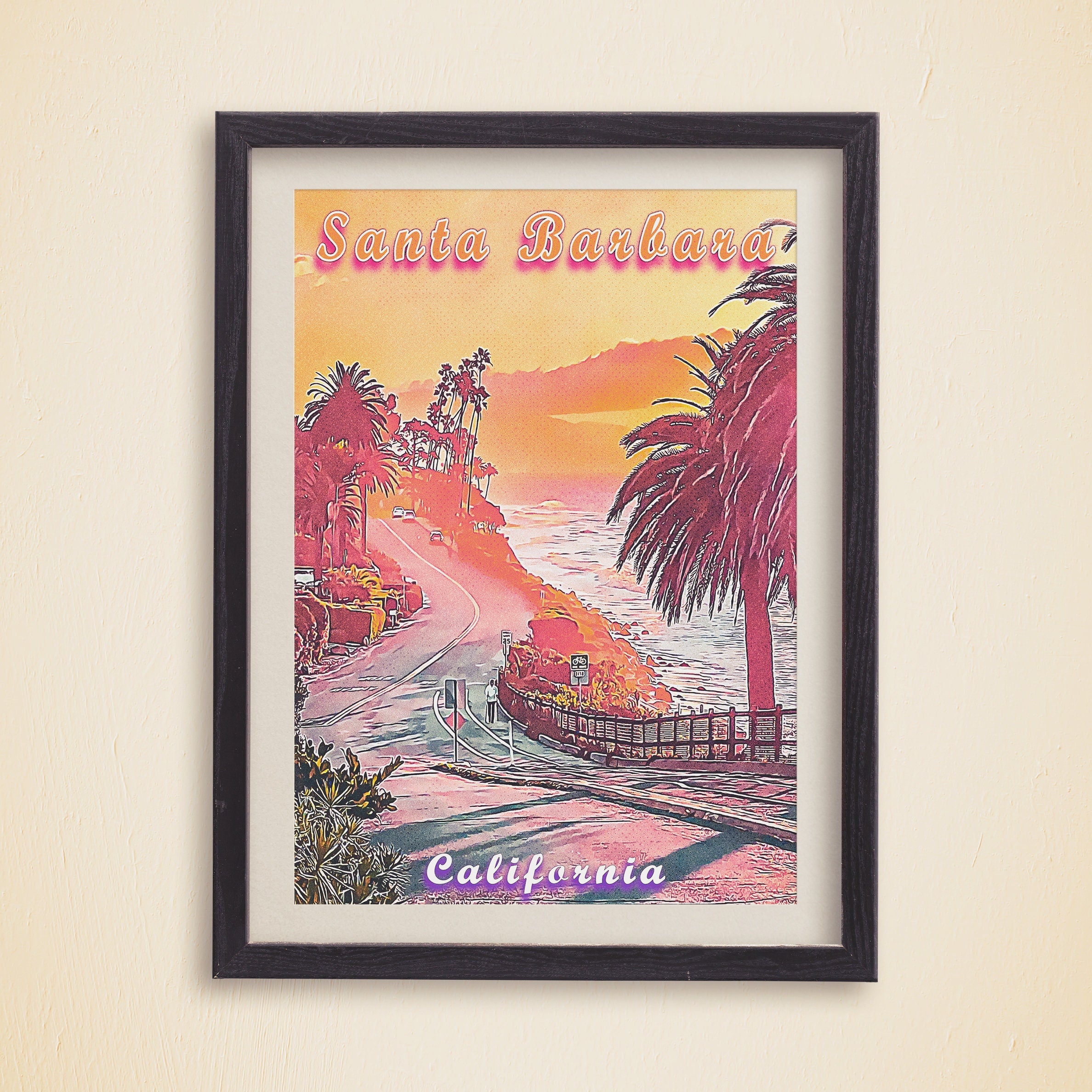 Santa Barbara Poster, 5 Piece Printable Wall Art, Sunset Pastel, California Travel Set, Set of 5 Travel Prints, Vibrant Retro Poster - DreamBrothers