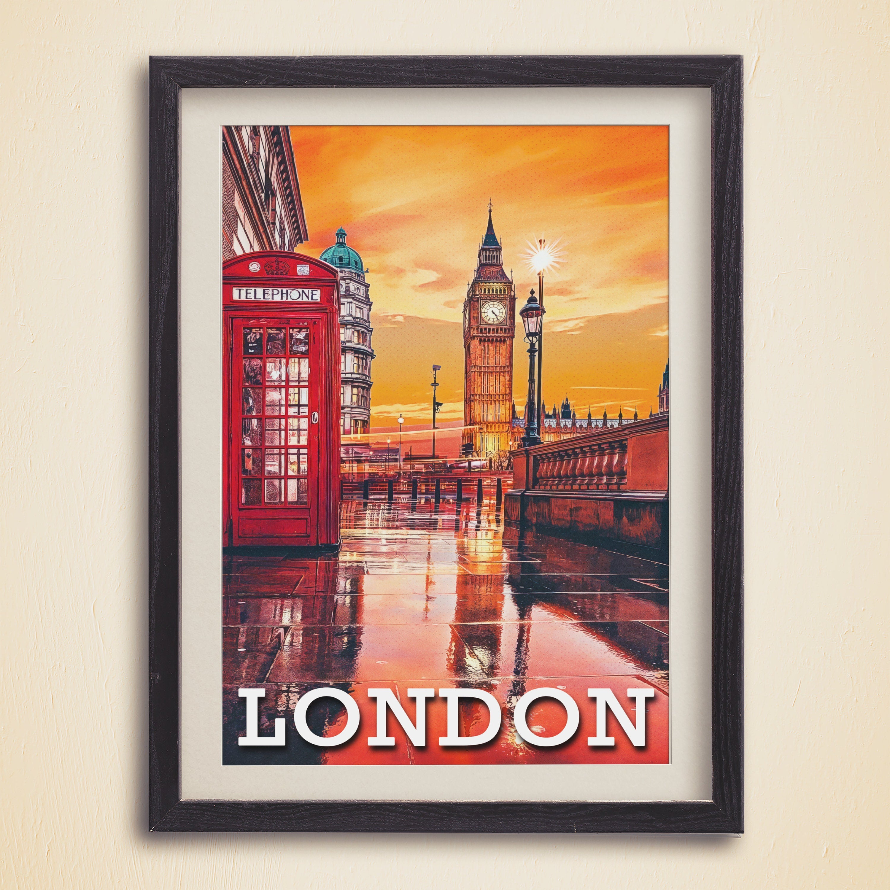 London Poster, Red Phone Booth, Big Ben, Rain Wall Art, Vibrant Colorful Sunset, UK Travel Gift, Aesthetic Room Decor For Traveller
