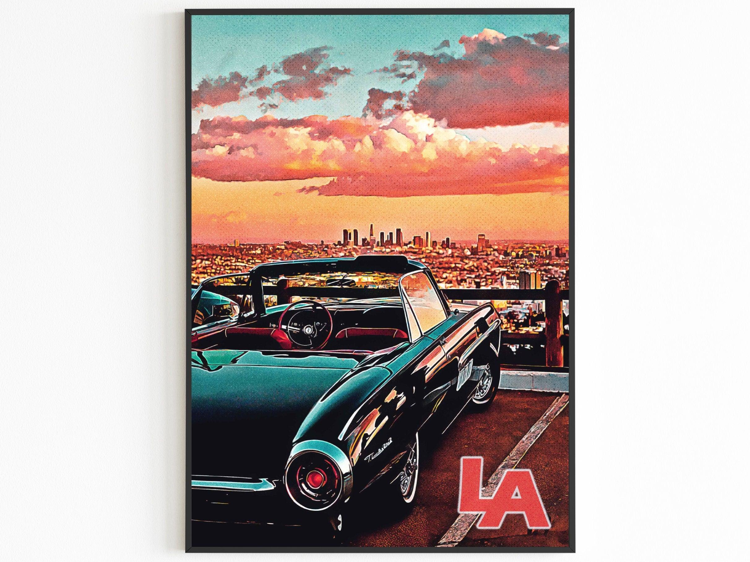 Los Angeles Skyline Poster, California Vintage Wall Art, Sunset Pastel Clouds, USA Travel Gift, Vibrant Retro Print, Aesthetic Retro Poster