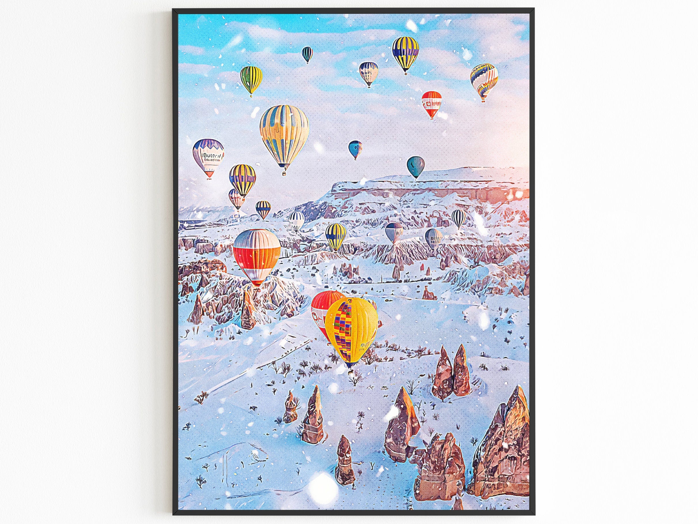 Balloon Travel Art, Winter Season, Turkey Colorful, Aesthetic Retro Poster, Fairy Mountain, Poster For Traveler, Romantic Couple Gift - DreamBrothers