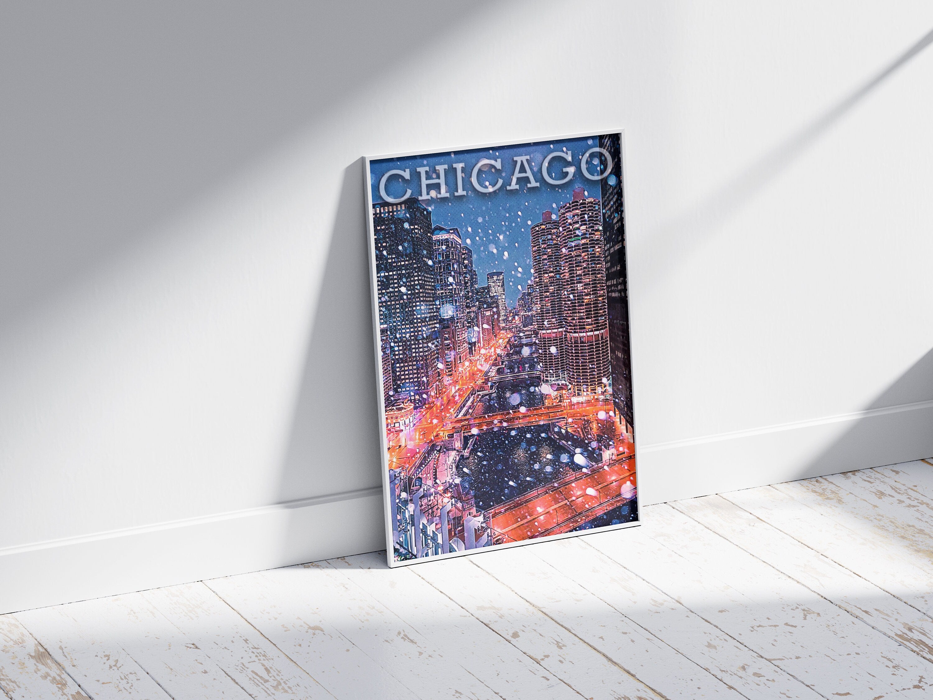 Chicago Winter, Illinois Travel Print, Chicago Skyline, Snowing City, USA Travel Poster Gift, Aesthetic Christmas Holiday - DreamBrothers