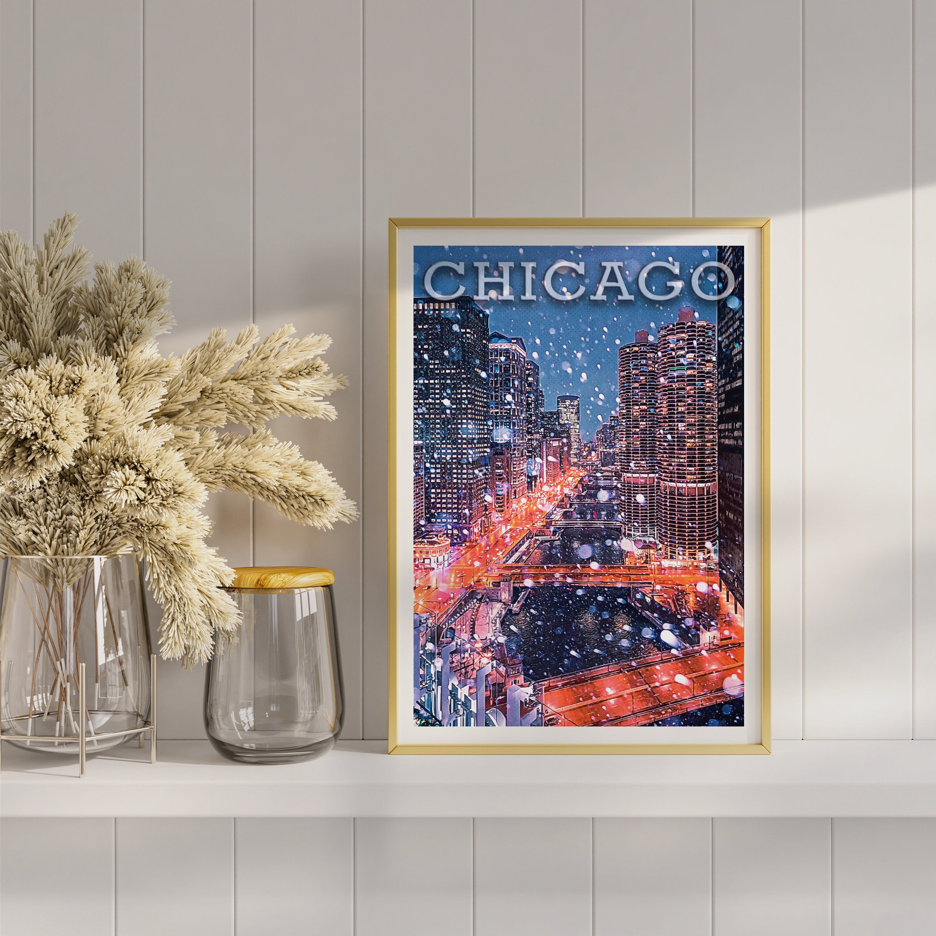 Chicago Winter, Illinois Travel Print, Chicago Skyline, Snowing City, USA Travel Poster Gift, Aesthetic Christmas Holiday - DreamBrothers
