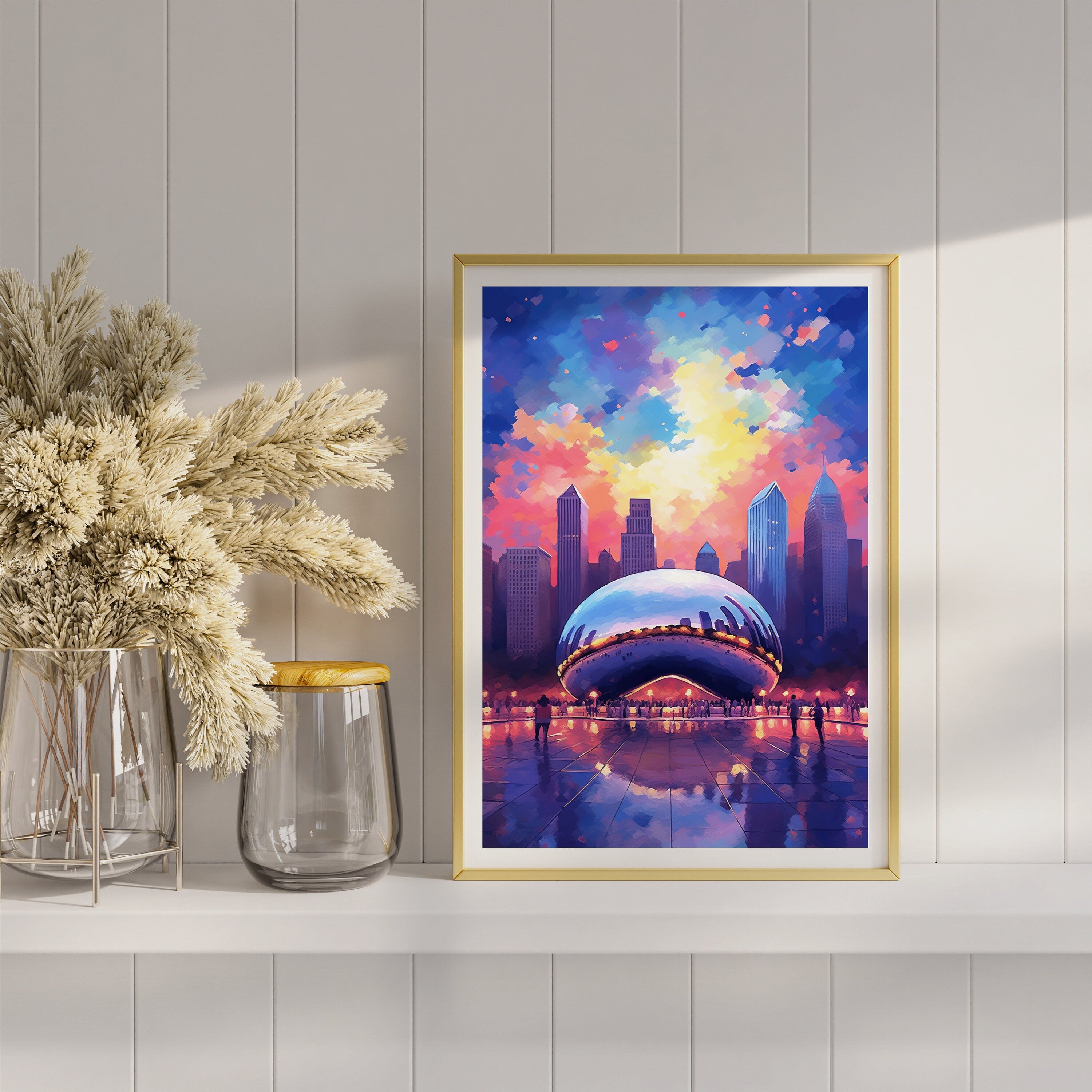 Chicago Bean Poster, Sunset Light, Illinois Travel Print, Millenium Park, USA Travel Gift, Colorful Magic Sky, Vaporwave Art, United States - DreamBrothers