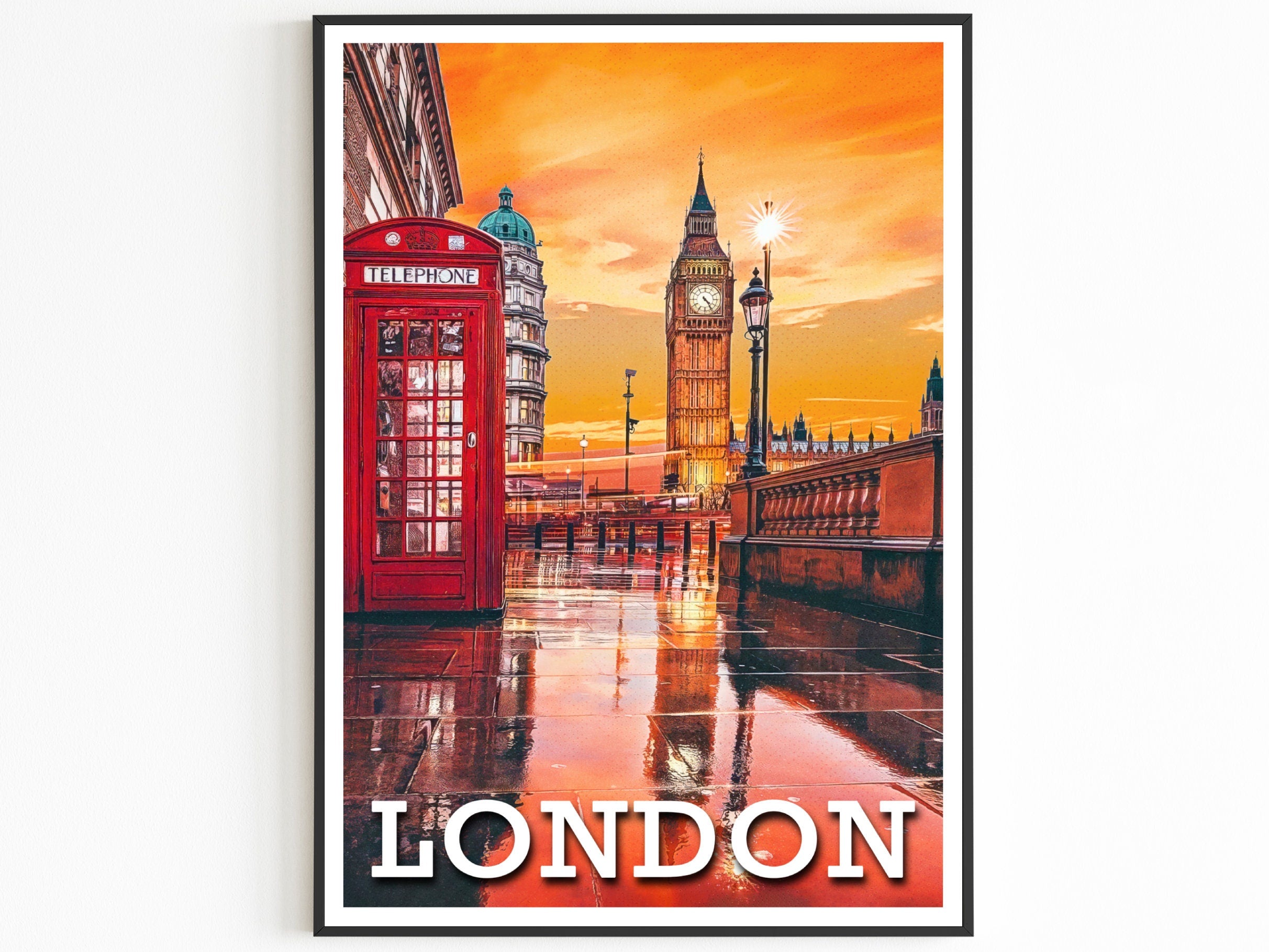 London Poster, Red Phone Booth, Big Ben, Rain Wall Art, Vibrant Colorful Sunset, UK Travel Gift, Aesthetic Room Decor For Traveller
