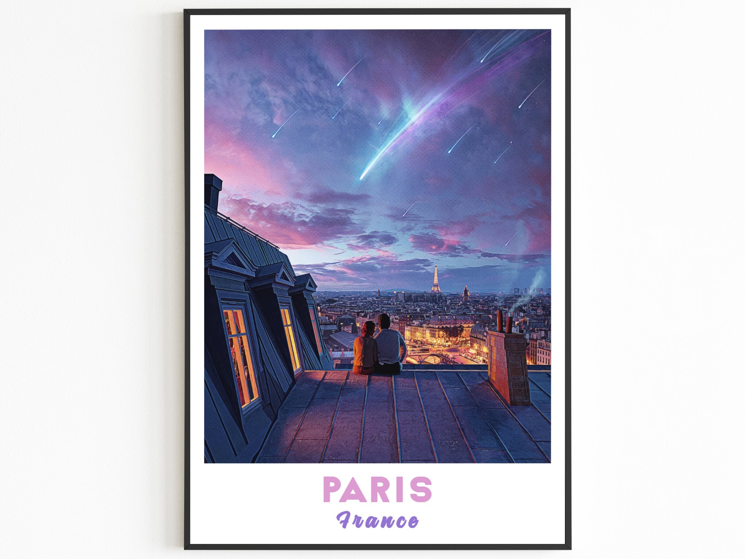 Paris Poster, Shooting Star, Romantic Wall Art, Purple Sky, Perfect Gift For Her, Colorful Travel Poster, Aesthetic Couple Gift