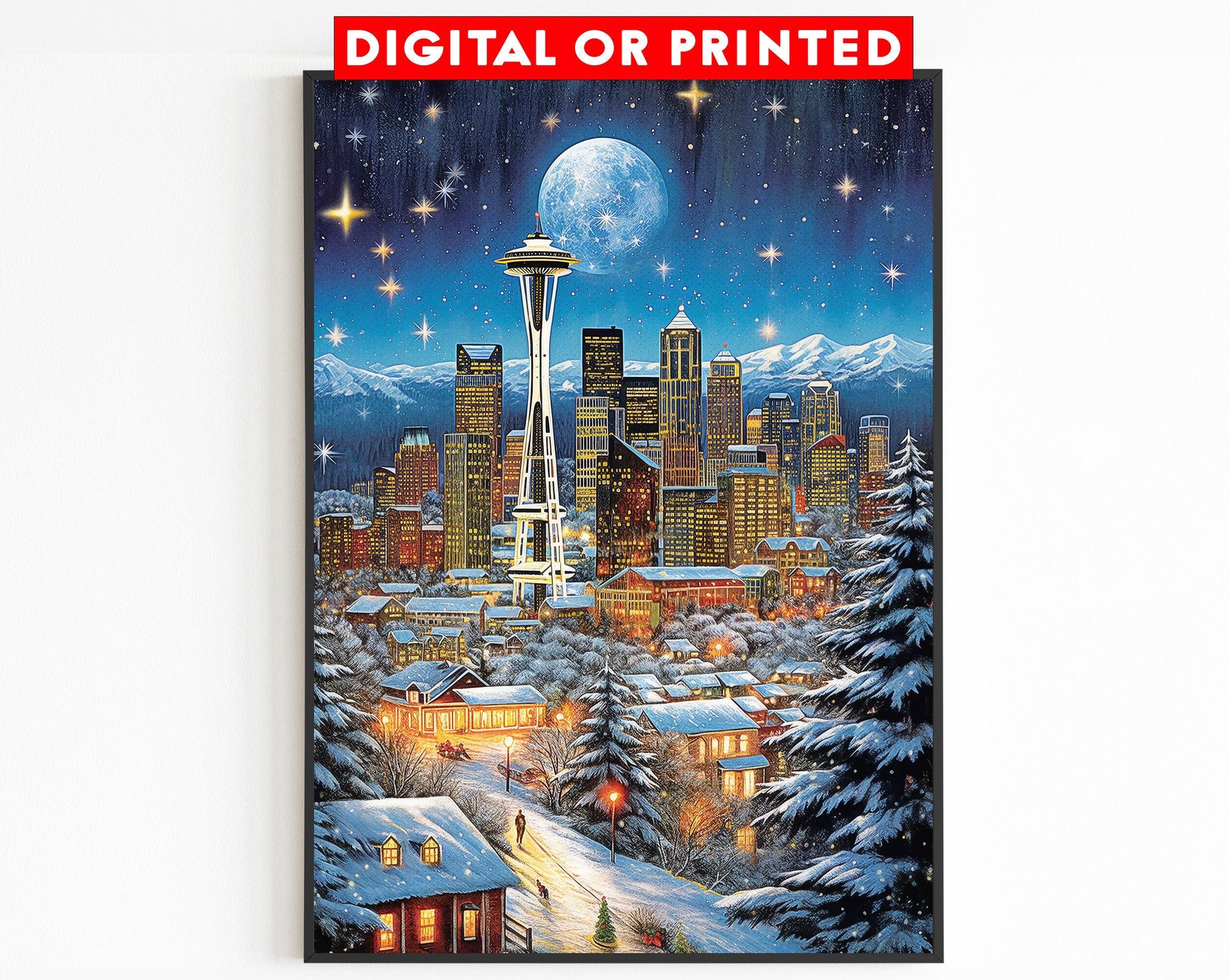 Vintage Christmas Washington Poster, Seattle Night, Nostalgic Winter Art, Travel Poster Gift for Christmas, Full Moon, Starry Sky