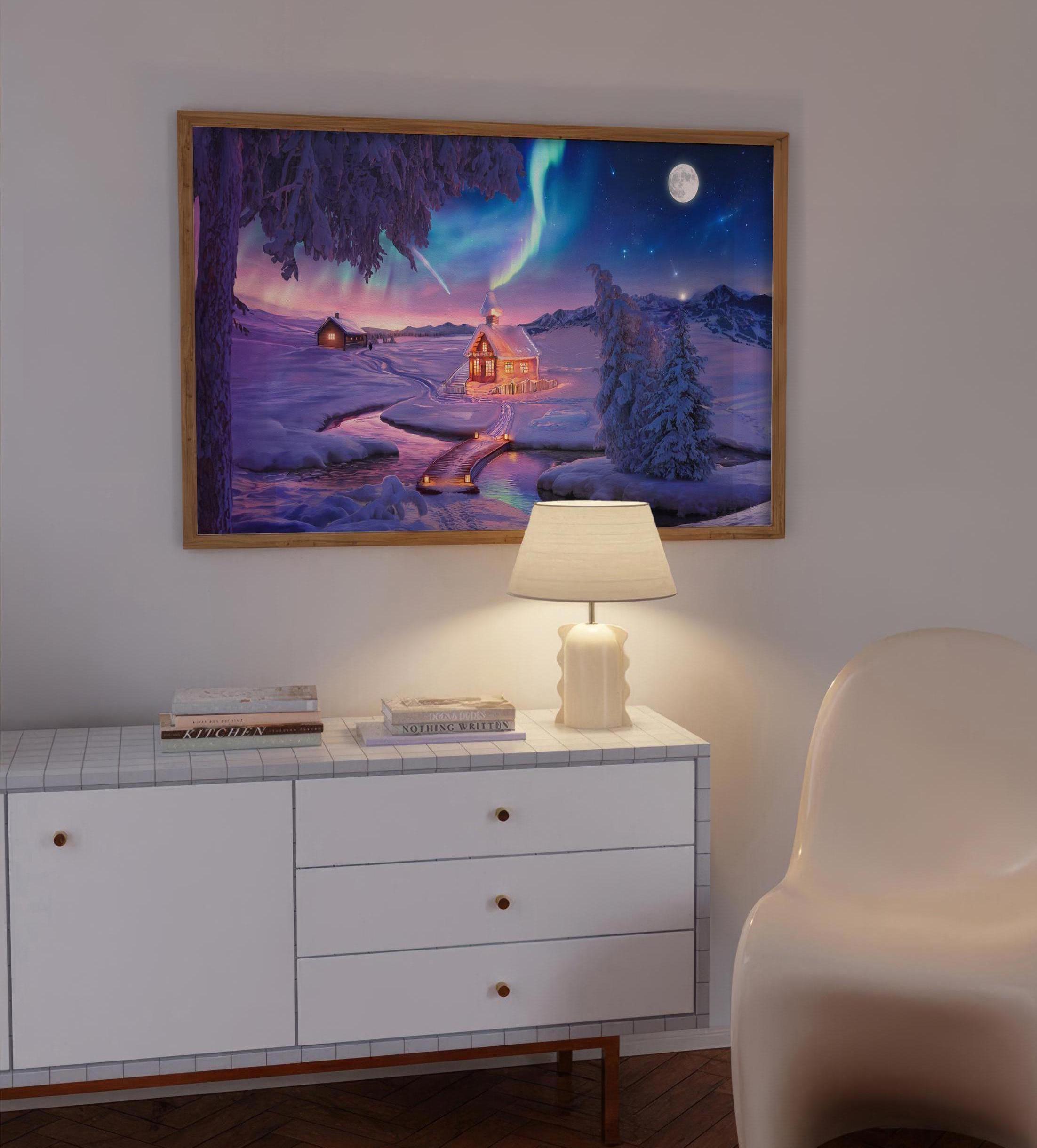 Colorful Winter Wonderland Poster - Dream Night, Northern Lights Mountain, Moon Phase Print, Starry Sky Night, Oil Painting Panoramic Art