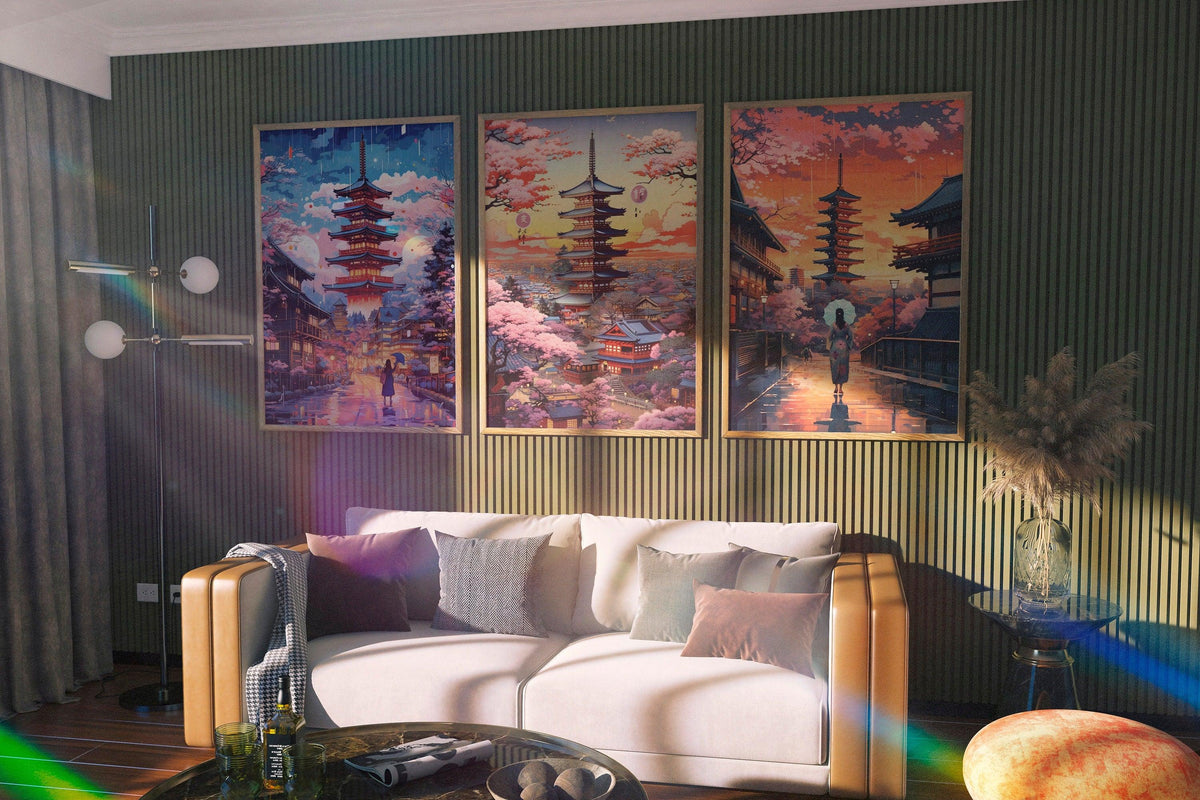 Kyoto Posters, Pink Cherry Blossom Print, 3 Piece Printable Wall Art, Set Of 3 Travel Poster, Japanese Colorful Set, Aesthetic Retro Poster - DreamBrothers