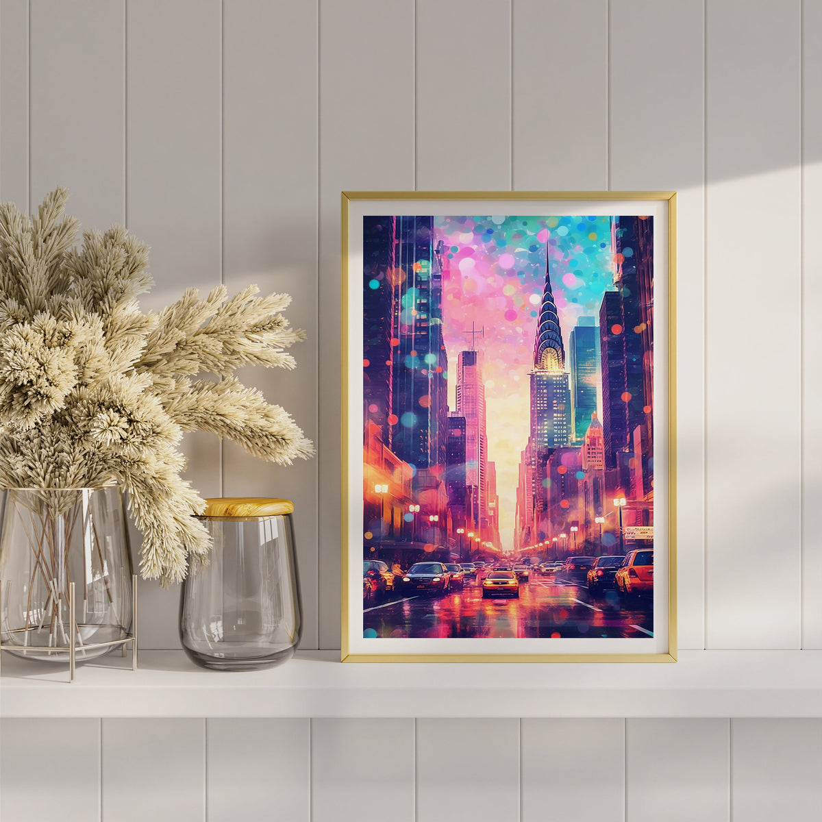 Gold framed Chrysler Building print on a shelf beside dried flowers and glass vases, retro city pop palette