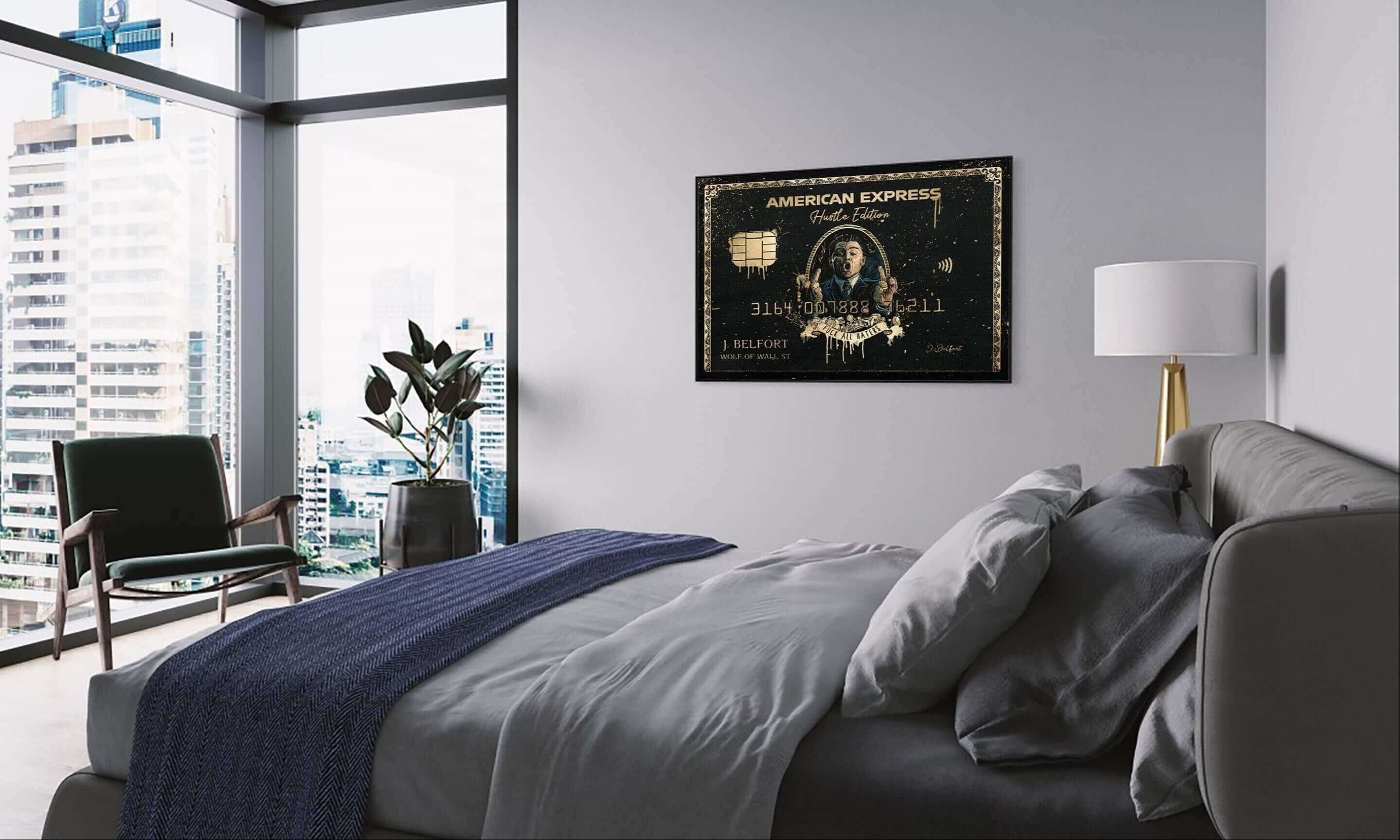 Wolf of Wall Street Amex parody canvas in a luxury modern bedroom with a metropolitan city view
