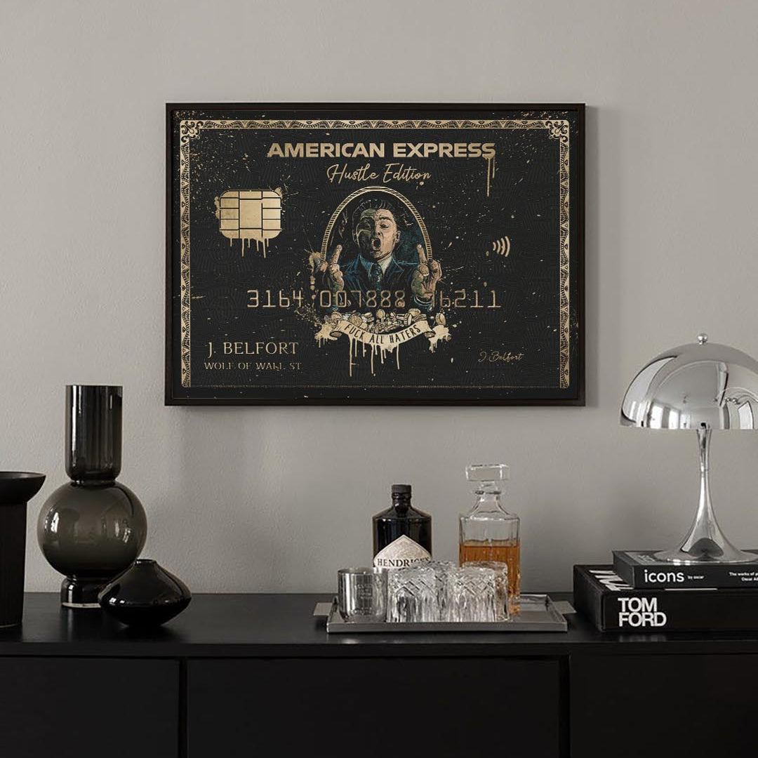Wolf of Wall Street Amex style canvas above a dark sideboard with luxury office decor and a silver lamp.