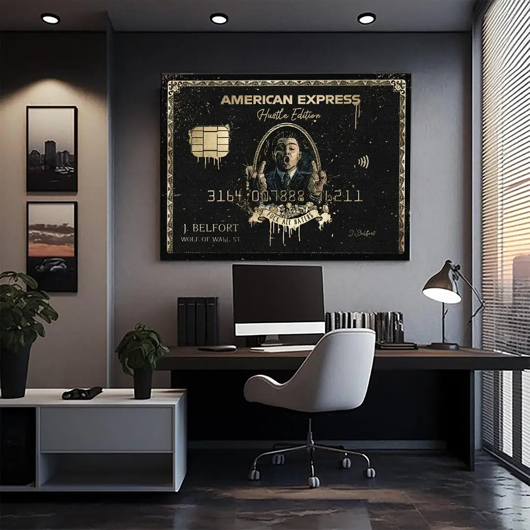 Wolf of Wall Street motivational canvas art Amex style above a modern dark office desk setup for entrepreneurs.