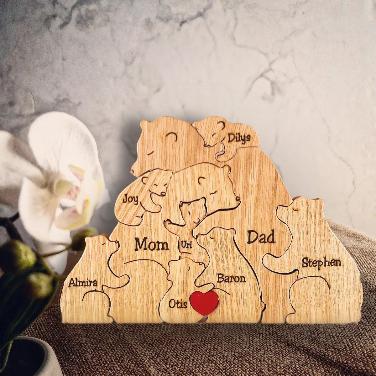Personalized Wooden Bear Family Puzzle - Custom Name Engraved Gift for Family - 2 to 8 Bears - DreamBrothers